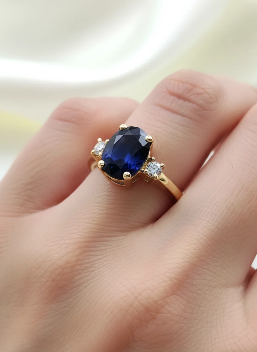 anillo compromiso con tres piedras, simboliza pasado, presente y futuro. Hermoso anillo de compromiso con zafiro azul ovalado con dos diamantes brillantes, uno a cada lado